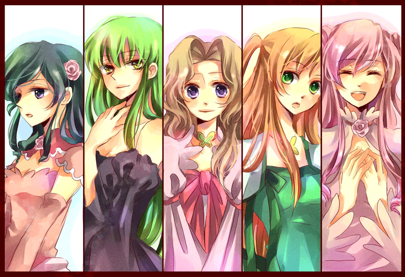 karu, yuzuki karu, c.c., euphemia li britannia, nina einstein, nunnally vi britannia, shirley fenette, code geass, bad id, bad pixiv id, 00s, 5girls, blue eyes, brown hair, dress, green eyes, green hair, multiple girls, orange hair, pink hair, yellow eyes