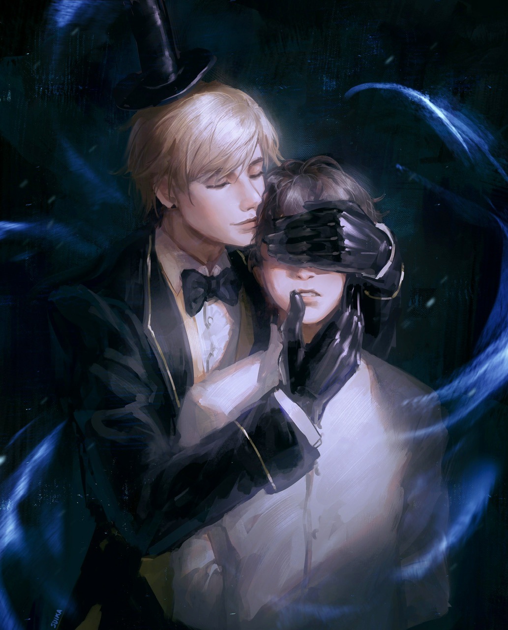 suikamelony, bill cipher, dipper pines, gravity falls, highres, 2boys, aged up, black gloves, blonde hair, bow, bowtie, brown hair, earrings, gloves, hat, jewelry, lips, male focus, multiple boys, nose, painterly, personification, realistic, shirt, short hair, smile