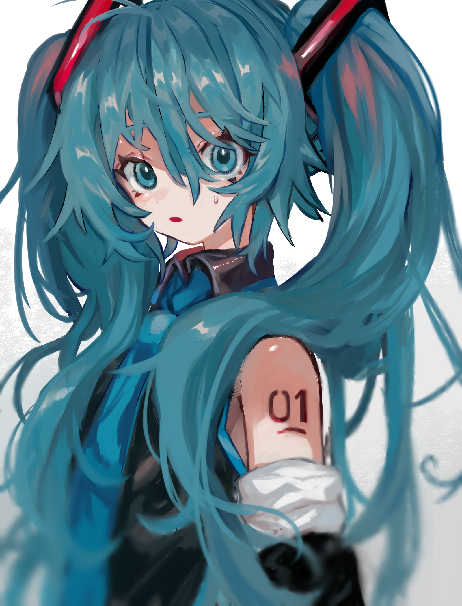 wabun, hatsune miku, vocaloid, commentary, highres, 1girl, aqua eyes, aqua hair, arm tattoo, black shirt, black sleeves, blue necktie, blurry, collared shirt, depth of field, detached sleeves, hair between eyes, long hair, looking at viewer, necktie, number tattoo, shirt, sleeveless, sleeveless shirt, solo, sweatdrop, tattoo, twintails, very long hair