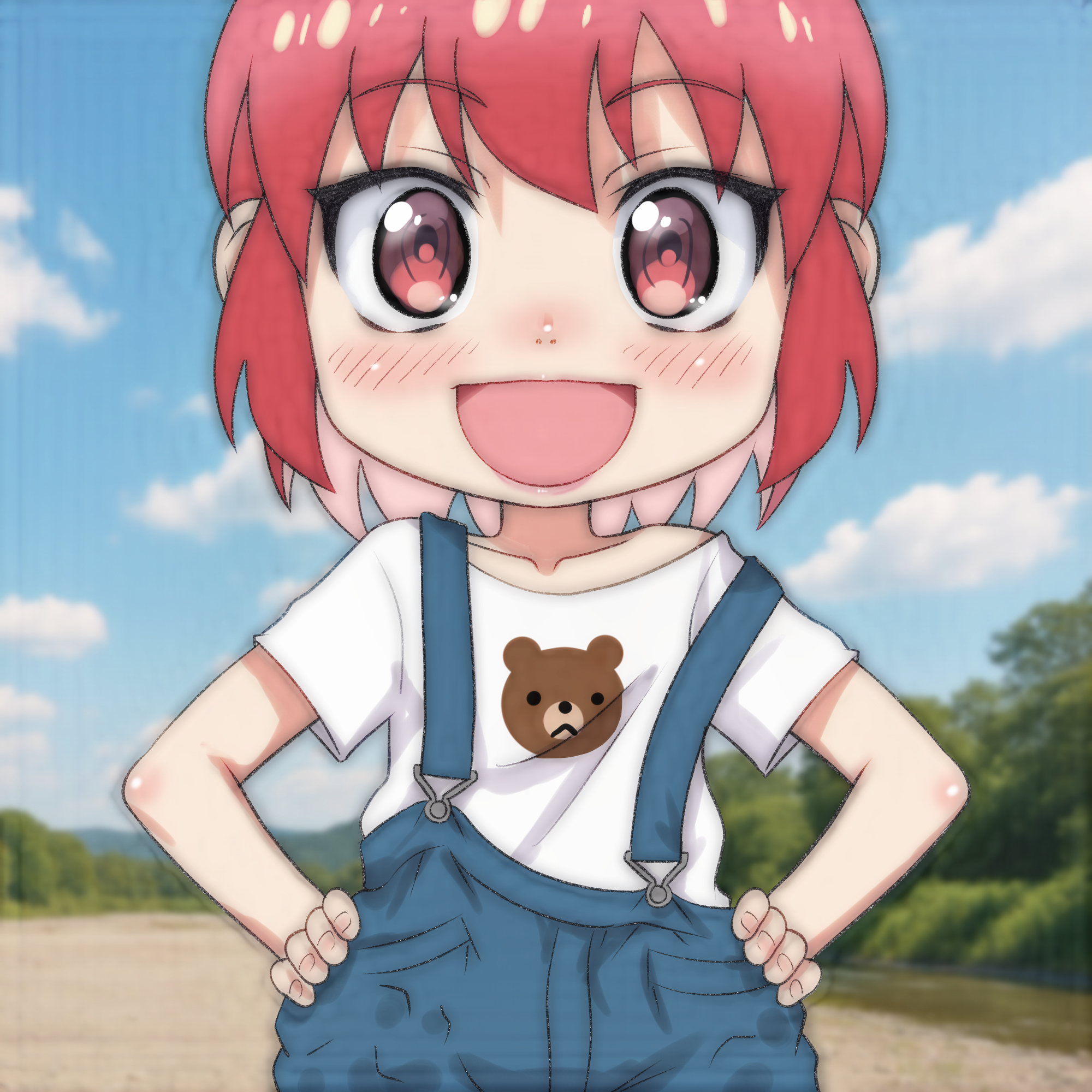 t jiroo (ringofriend), seto shouko, ruri no houseki, 1girl, aged down, animal print, bear print, blue overalls, blush, cloud, collarbone, denim, denim overalls, hands on own hips, looking at viewer, multicolored hair, open mouth, overalls, pink hair, print shirt, red eyes, red hair, shirt, short hair, short sleeves, sky, smile, standing, strap slip, tree, two-tone hair, white shirt