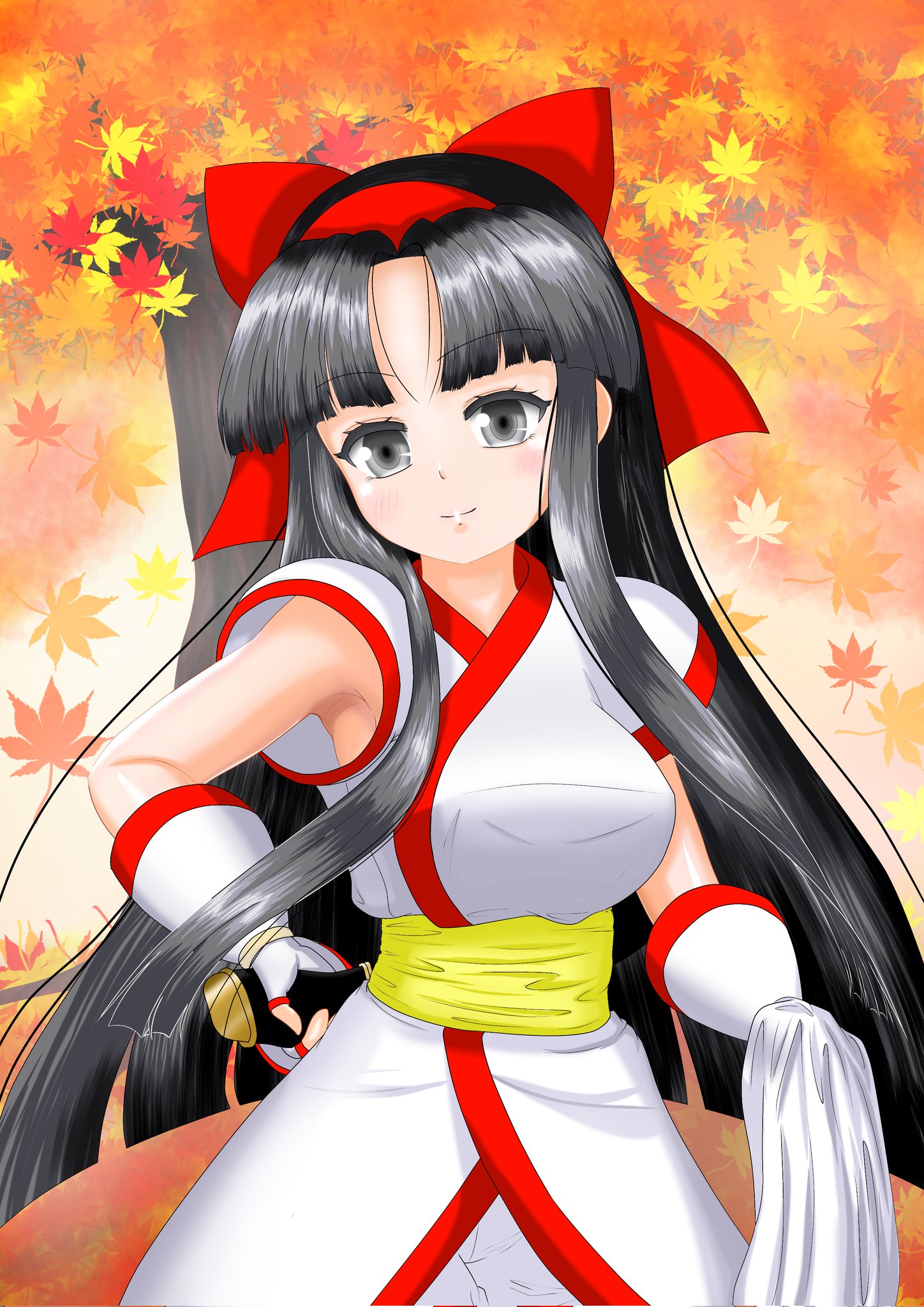 nakoruru, samurai spirits, snk, the king of fighters, highres, 1girl, ainu clothes, autumn leaves, black eyes, black hair, breasts, cloak, fingerless gloves, gloves, hair ribbon, large breasts, leaf, legs, long hair, looking at viewer, pants, ribbon, smile, thighs, weapon