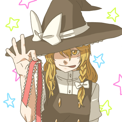 torinone, kirisame marisa, touhou, bad id, bad pixiv id, lowres, 1girl, blonde hair, braid, female focus, hairband, hat, solo, star (symbol), upper body, white background, witch, witch hat, yellow eyes