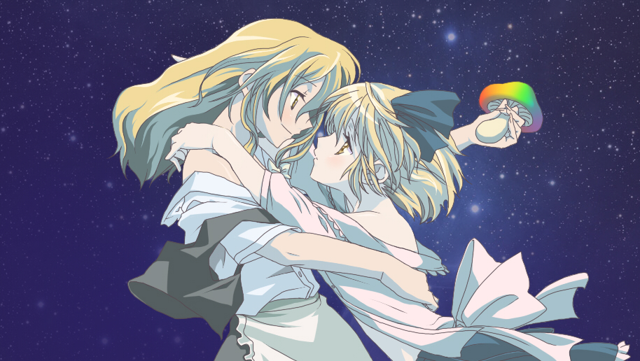 torinone, alice margatroid, alice margatroid (pc-98), kirisame marisa, kannazuki no miko, mystic square, touhou, touhou (pc-98), bad id, bad pixiv id, 2girls, bare shoulders, blonde hair, female focus, hair ribbon, hug, long hair, miko embrace, multicolor, multiple girls, mushroom, parody, profile, ribbon, short hair, time paradox, yellow eyes