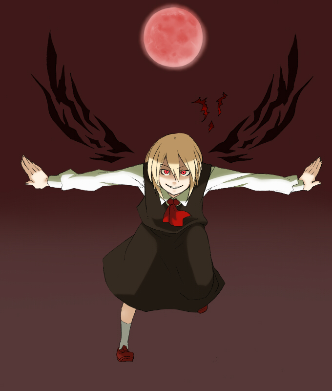 torinone, ex-rumia, rumia, embodiment of scarlet devil, touhou, bad id, bad pixiv id, 1girl, blonde hair, darkness, female focus, full body, moon, outdoors, red eyes, red moon, short hair, sky, solo, wings