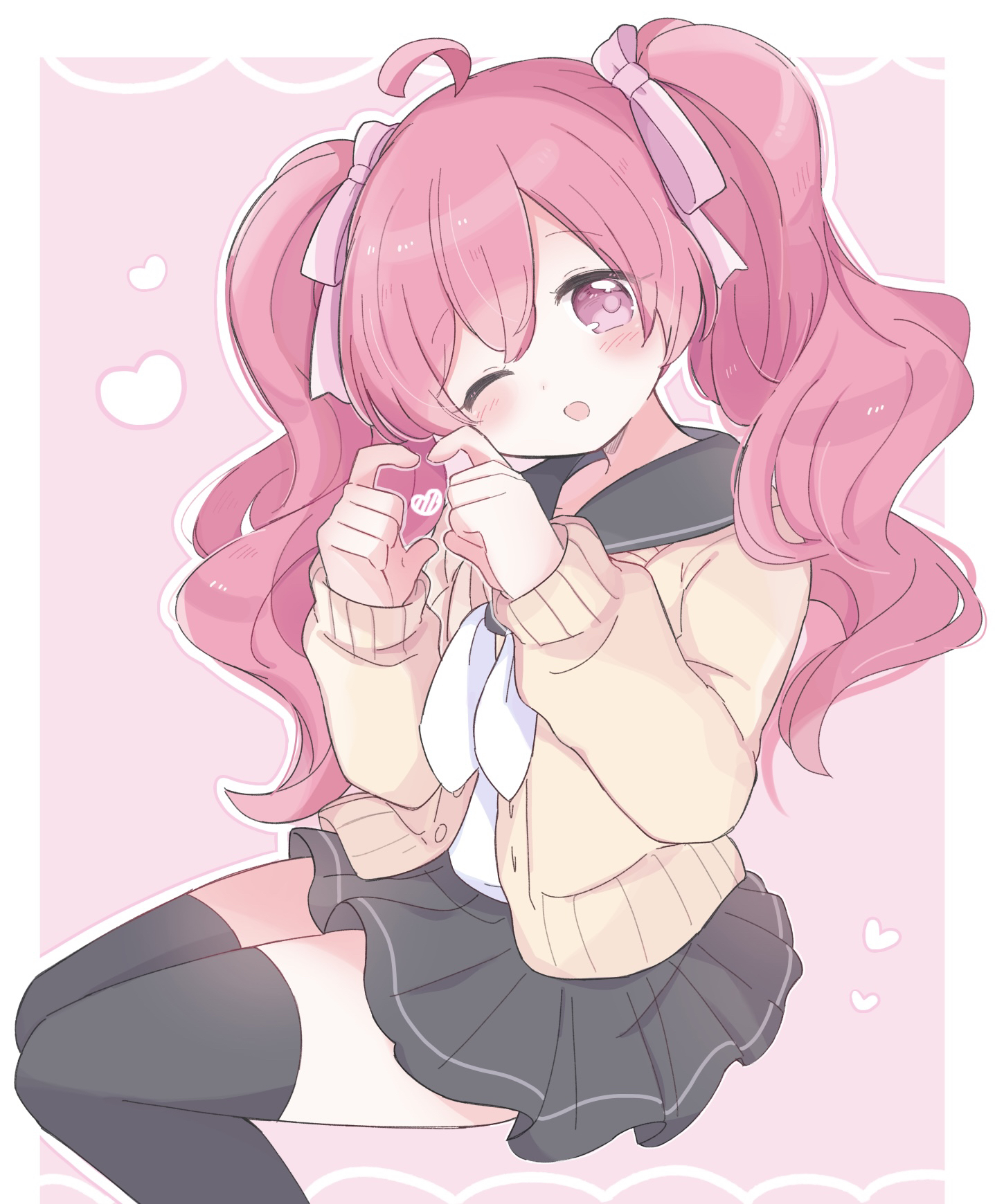amai (pixiv 69446138), rasis, bemani, sound voltex, 1girl, ahoge, black sailor collar, black skirt, black thighhighs, blush, cardigan, feet out of frame, from side, hair between eyes, hair ribbon, hands up, head tilt, heart, heart hands, invisible chair, legs together, long hair, long sleeves, looking at viewer, looking to the side, miniskirt, one eye closed, open mouth, outside border, pink background, pink eyes, pink hair, pink ribbon, pleated skirt, ribbon, sailor collar, shirt, simple background, sitting, skirt, solo, thighhighs, twintails, wavy hair, white shirt, yellow cardigan, zettai ryouiki