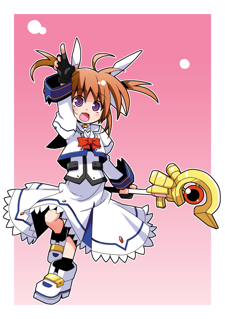 totsuki tooka, raising heart, raising heart (accel mode), takamachi nanoha, takamachi nanoha (sacred mode), lyrical nanoha, mahou shoujo lyrical nanoha, 00s, 1girl, border, bow, female focus, fingerless gloves, gloves, hair ribbon, magazine (weapon), magical girl, orange hair, purple eyes, red bow, red hair, ribbon, solo, twintails