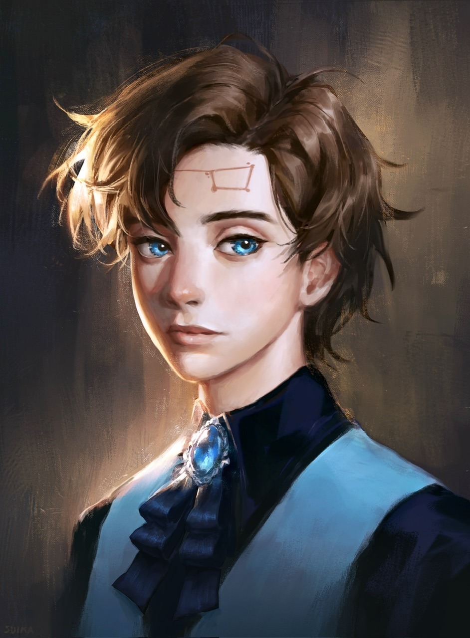 suikamelony, dipper gleeful, dipper pines, gravity falls, reverse falls (gravity falls), highres, 1boy, alternate universe, big dipper, black shirt, blue eyes, blue vest, brown hair, collared shirt, constellation, facial mark, forehead mark, gem, lips, male focus, painterly, realistic, shirt, short hair, side part, solo, vest