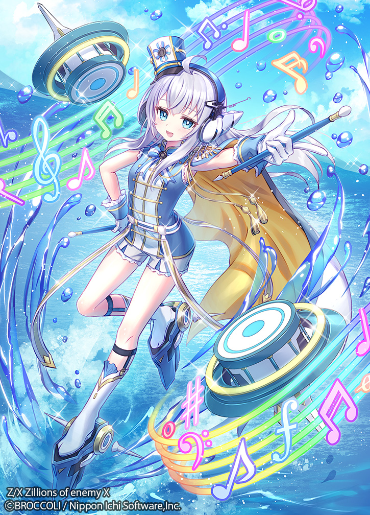 90kyuuri, z/x, official art, 1girl, ahoge, bass clef, beamed eighth notes, blue eyes, blue shirt, blue sky, boots, cloak, cloud, cloudy sky, copyright notice, eighth note, forte (symbol), gloves, grey hair, hat, headphones, holding, holding stick, long hair, mini hat, mini shako cap, musical note, musical staff, ocean, open mouth, outdoors, quarter note, shako cap, sharp sign, shirt, short shorts, shorts, sixteenth note, sky, sleeveless, sleeveless shirt, sparkle, splashing, stick, thigh boots, treble clef, white gloves, whole note, yui (z/x)