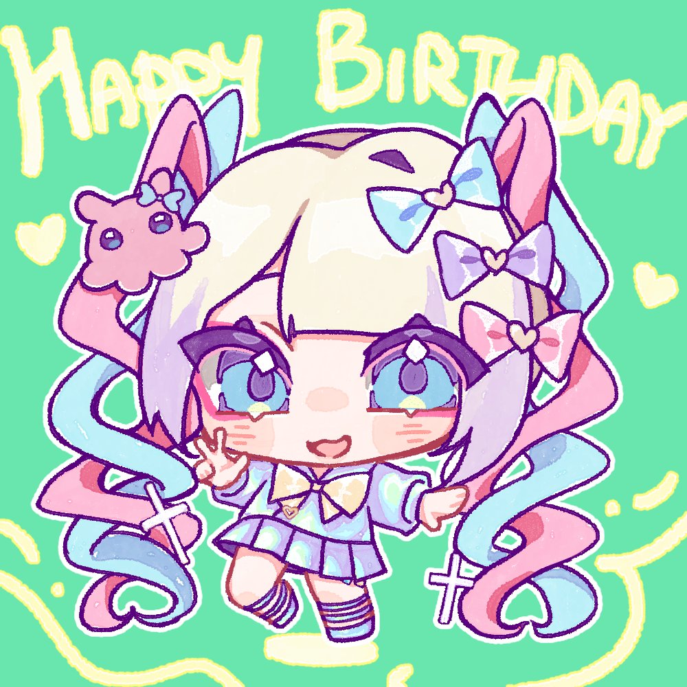 needy girl overdose, 1girl, :d, blonde hair, blue eyes, blue hair, blue serafuku, blunt bangs, blush, bow, chest bow, chibi, chibi only, colored tips, cross, fang, full body, hair bow, happy birthday, multicolored hair, multiple hair bows, octopus, open mouth, outline, outstretched arm, paperabbit 0702, pink hair, quad tails, school uniform, serafuku, sidelocks, skin fang, smile, solo, standing, standing on one leg, v, white outline