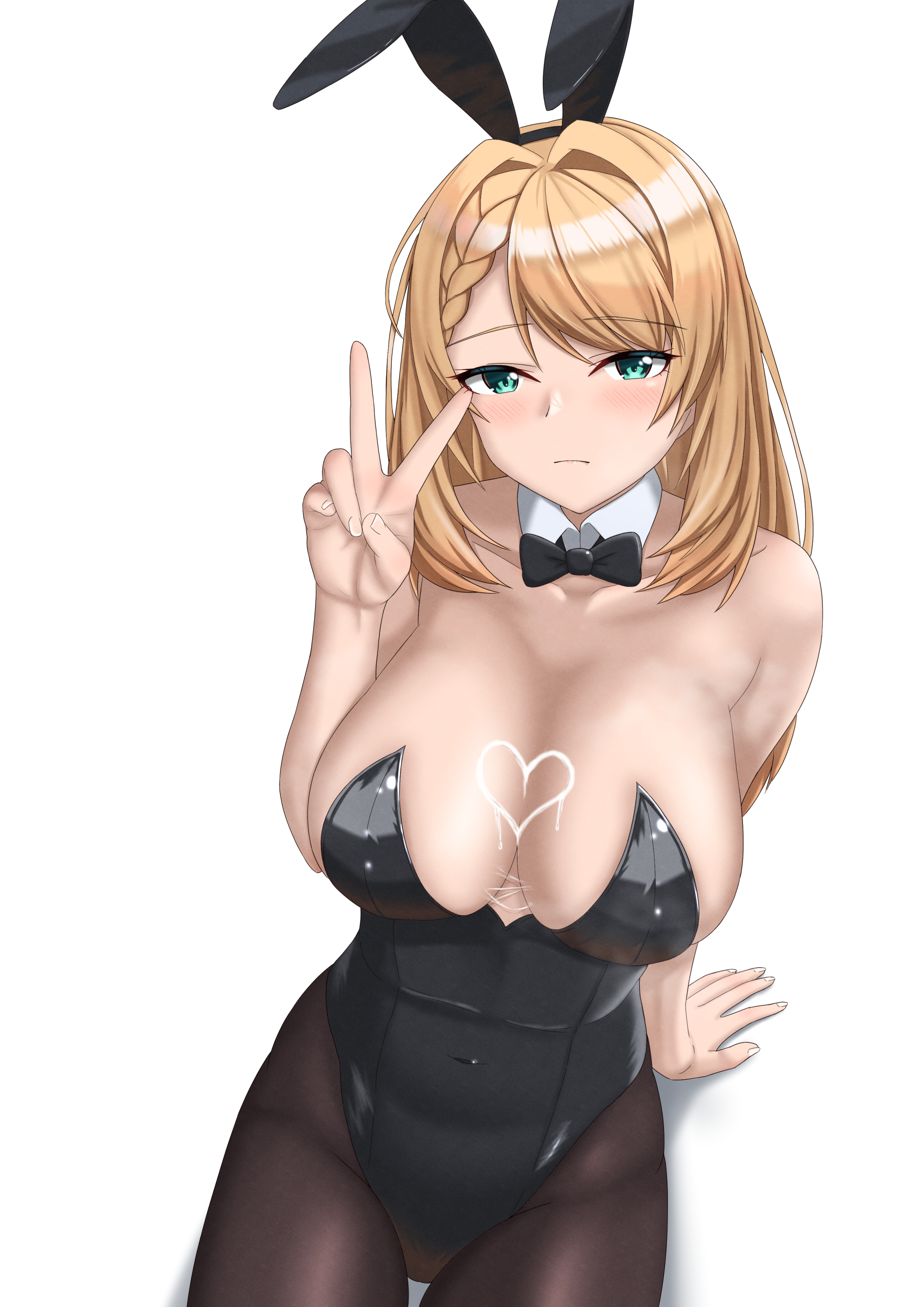 midori mushi, g36 (girls' frontline), girls' frontline, absurdres, highres, 1girl, animal ears, arm behind back, bare shoulders, black leotard, blonde hair, blue eyes, blush, braid, breasts, cleavage, covered navel, fake animal ears, frown, green eyes, hand up, heart on chest, large breasts, leotard, long hair, looking at viewer, looking up, pantyhose, playboy bunny, rabbit ears, sitting, skin tight, solo, strapless, strapless leotard, v, very long hair