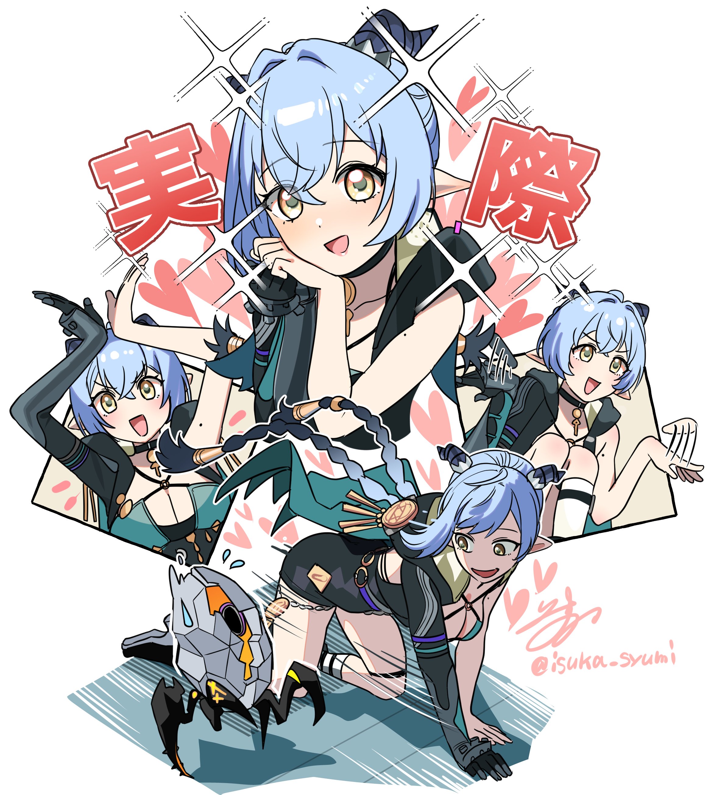 isuka, ethereal (zenless zone zero), lucia (zenless zone zero), zenless zone zero, absurdres, highres, 1girl, :d, all fours, artist name, blue hair, blush, braid, breasts, cleavage, cloak, gloves, goat horns, heart, hood, hooded cloak, horns, jewelry, key, key necklace, large breasts, long hair, looking at viewer, loving aura, low twin braids, mole, mole on arm, motion lines, multiple views, necklace, open mouth, pointy ears, single glove, smile, sparkle, twin braids, twitter username, very long hair, waving arms, white background, yellow eyes