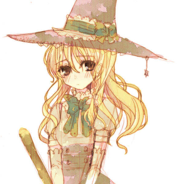hidari (coletica), kirisame marisa, touhou, 1girl, blonde hair, blush, bow, bowtie, elbow gloves, female focus, gloves, hat, hexagram, long hair, sad, sketch, solo, upper body, witch hat