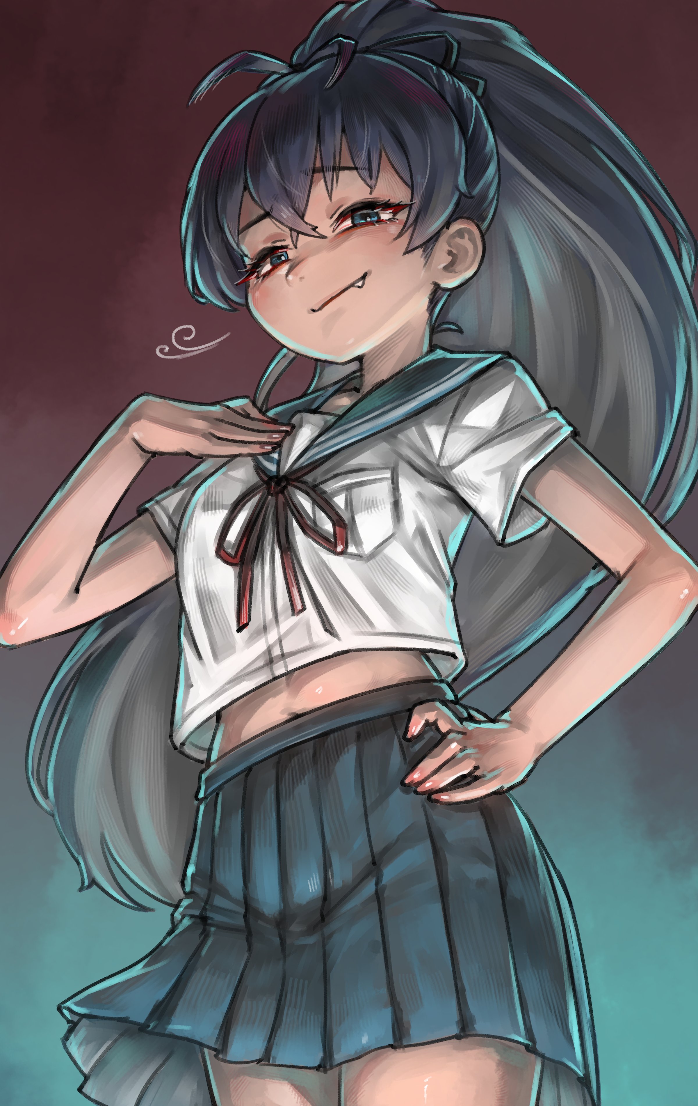 hold111, ganaha hibiki, idolmaster, idolmaster (classic), absurdres, highres, 1girl, black hair, blue eyes, breast pocket, breasts, closed mouth, cowboy shot, fang, fang out, from behind, half-closed eyes, hand on own hip, hand up, long hair, looking at viewer, midriff peek, pleated skirt, pocket, ponytail, sailor collar, school uniform, serafuku, shirt, short sleeves, skirt, smug, solo, standing, very long hair, white shirt