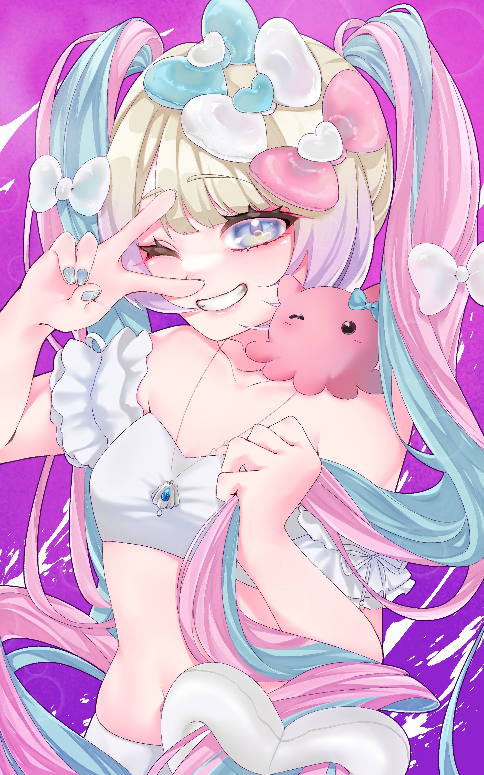 chouzetsusaikawa tenshi-chan, needy girl overdose, absurdres, highres, 1girl, ;d, alternate costume, armlet, blonde hair, blue eyes, blue hair, blue nails, blunt bangs, bow, breasts, cleavage, colored tips, hair bow, holding, holding own hair, jewelry, multicolored hair, multiple hair bows, octopus, one eye closed, open mouth, paperabbit 0702, pink hair, quad tails, smile, stomach, stuffed animal, stuffed toy, swimsuit, v