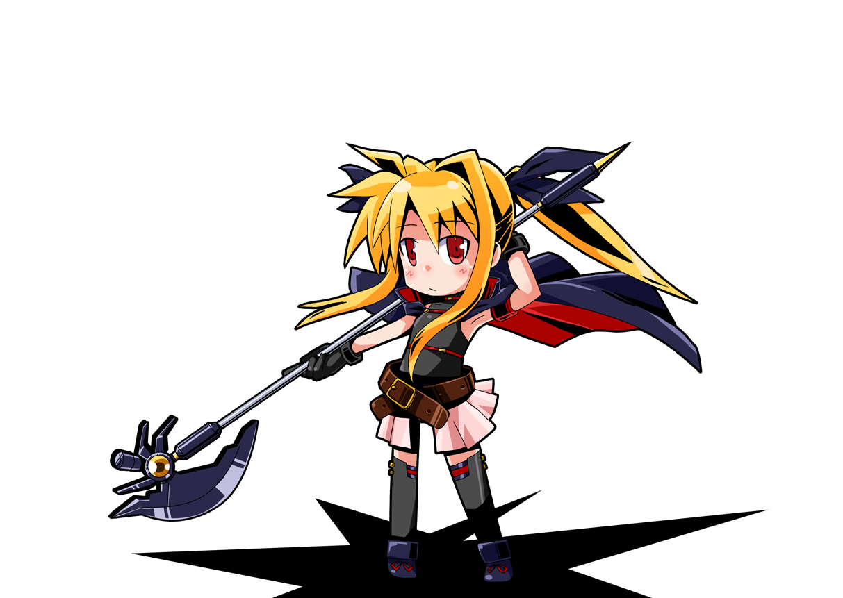 totsuki tooka, bardiche (axe form) (nanoha), bardiche (nanoha), fate testarossa, fate testarossa (movie 1st form), lyrical nanoha, mahou shoujo lyrical nanoha, 00s, belt, blonde hair, cape, chibi, gloves, hair ribbon, red eyes, ribbon, skirt, solo, thighhighs, twintails