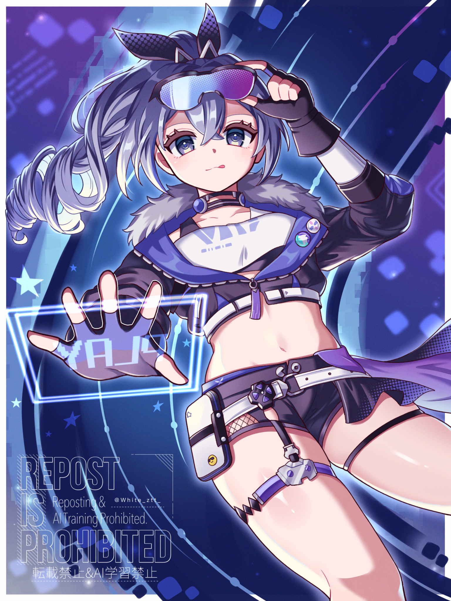 silver wolf (honkai: star rail), honkai: star rail, honkai (series), highres, 1girl, black gloves, black jacket, black shorts, closed mouth, crop top, eyewear on head, fingerless gloves, fur-trimmed jacket, fur trim, gloves, grey hair, hair between eyes, hair ornament, jacket, long hair, navel, ponytail, short shorts, shorts, smile, solo, stomach, thick thighs, thigh strap, thighs, tongue, white ztt