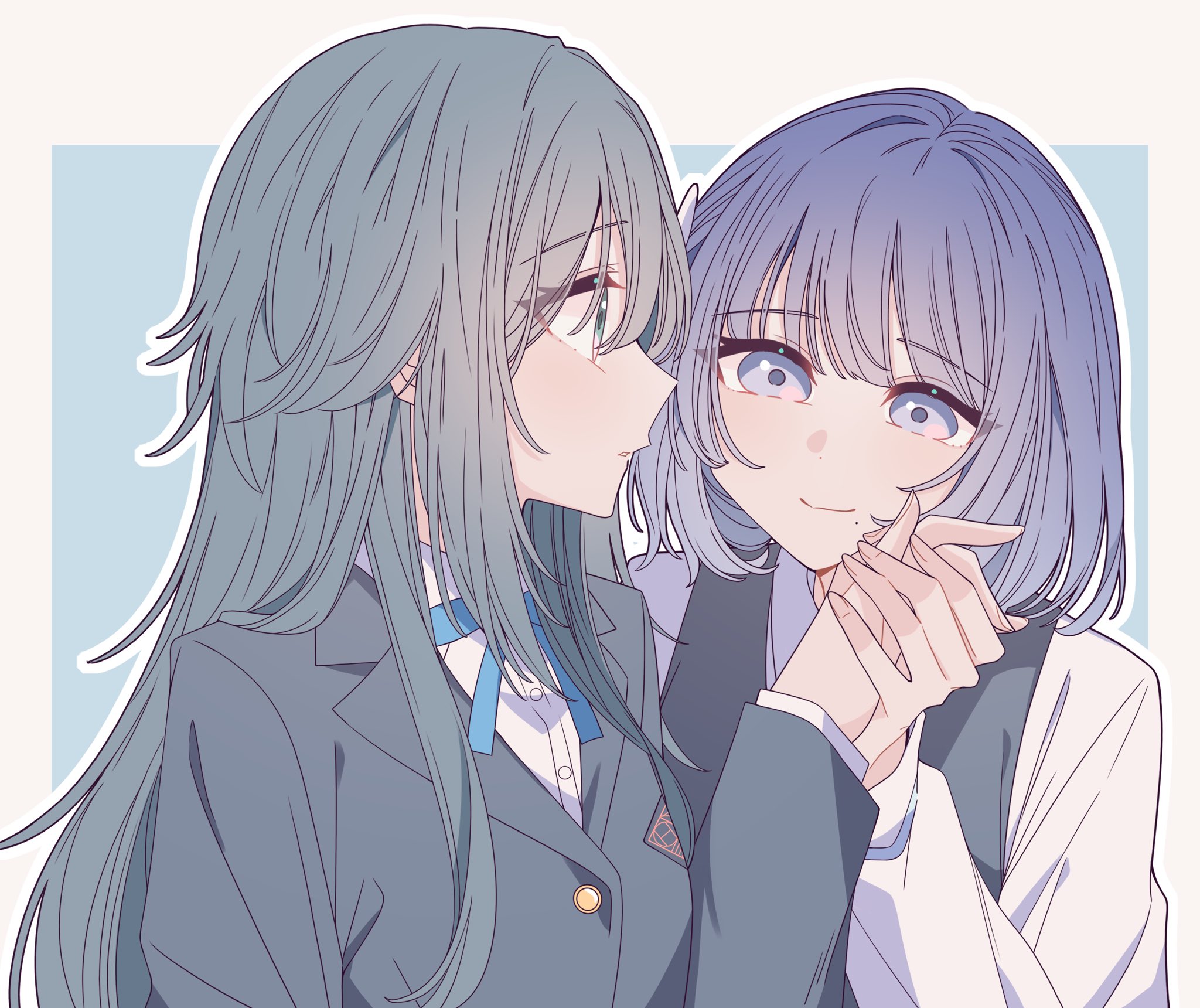 kousaka 0v0, hataya misuzu, tsukimura temari, gakuen idolmaster, idolmaster, commentary, highres, 2girls, black jacket, black vest, blazer, blue ribbon, closed mouth, green eyes, grey hair, holding hands, jacket, long hair, mole, mole under mouth, multiple girls, neck ribbon, outline, purple eyes, purple hair, ribbon, school uniform, shirt, smile, upper body, vest, white outline, white shirt, yuri