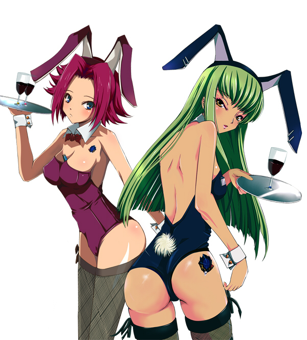 sahare, c.c., kouzuki kallen, code geass, bad id, bad pixiv id, 00s, 2girls, animal ears, ass, back, backless leotard, blue eyes, blush, breasts, cleavage, fake animal ears, glass, green hair, leotard, long hair, looking at viewer, medium breasts, medium hair, multiple girls, playboy bunny, rabbit ears, rabbit tail, red hair, standing, tail, tattoo, thighhighs, tray, waitress, wrist cuffs, yellow eyes