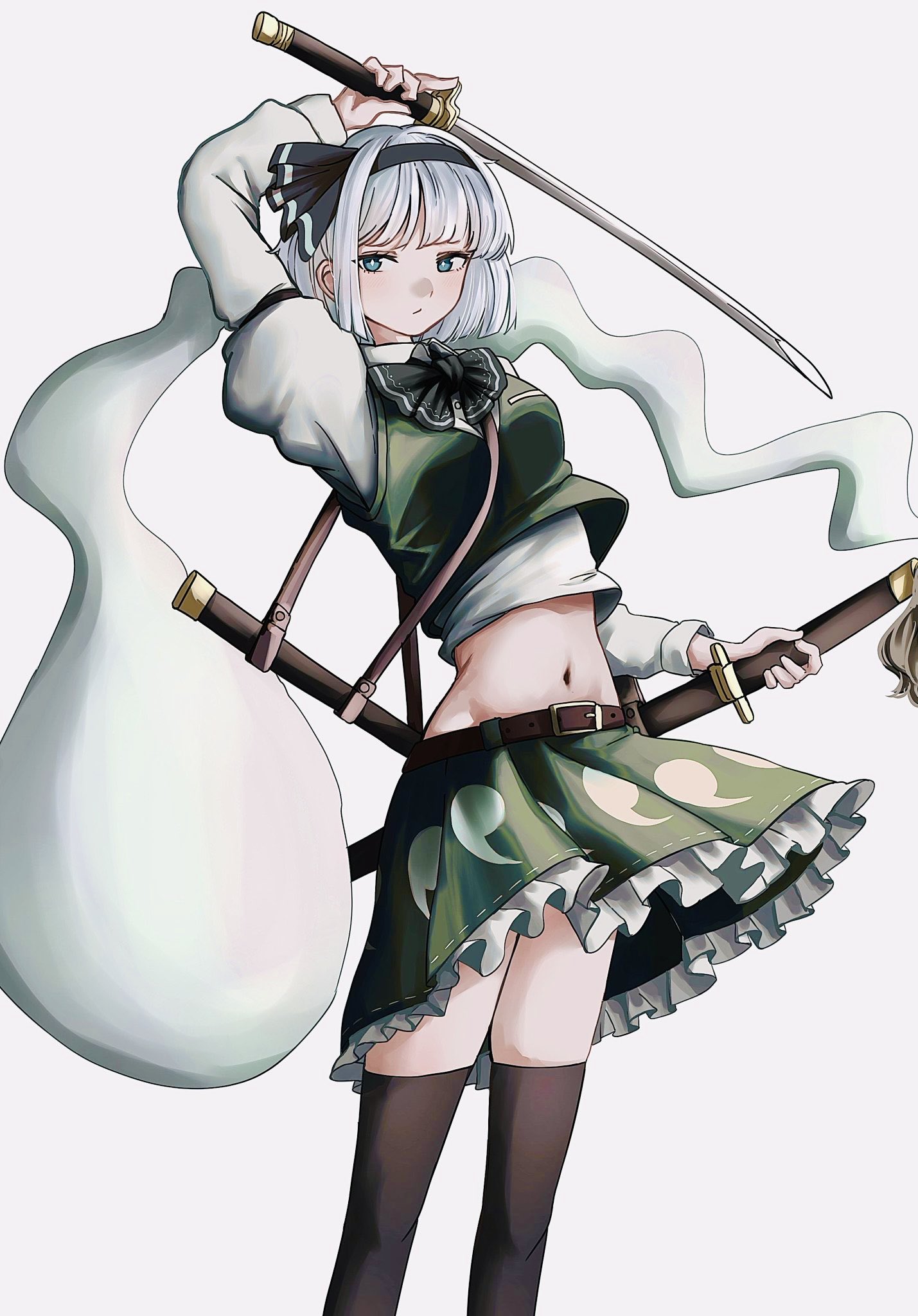 mesuosushi, konpaku youmu, touhou, highres, 1girl, belt, bow, dress, dual wielding, frilled skirt, frills, ghost, green eyes, hairband, harness, holding, katana, midriff, short hair, skirt, sleeveless, sleeveless dress, solo, standing, sword, thighhighs, weapon, white background