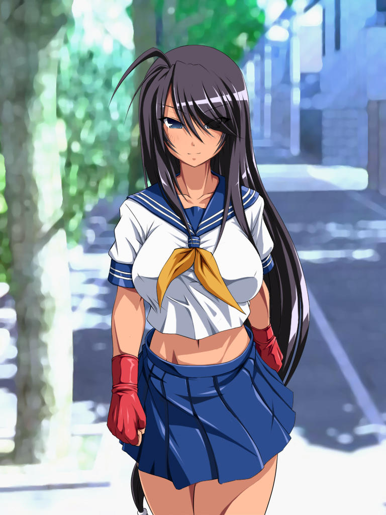 onigiri (ocelot), kan'u unchou, ikkitousen, 00s, 1girl, blue eyes, breasts, female focus, gloves, hair over one eye, large breasts, long hair, low-tied long hair, midriff, purple hair, school uniform, skirt, solo, very long hair