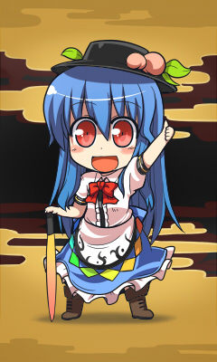 mamo williams, hinanawi tenshi, touhou, lowres, 1girl, blue hair, chibi, female focus, food, fruit, full body, leaf, peach, red eyes, solo, sword, sword of hisou, thumbs up, weapon