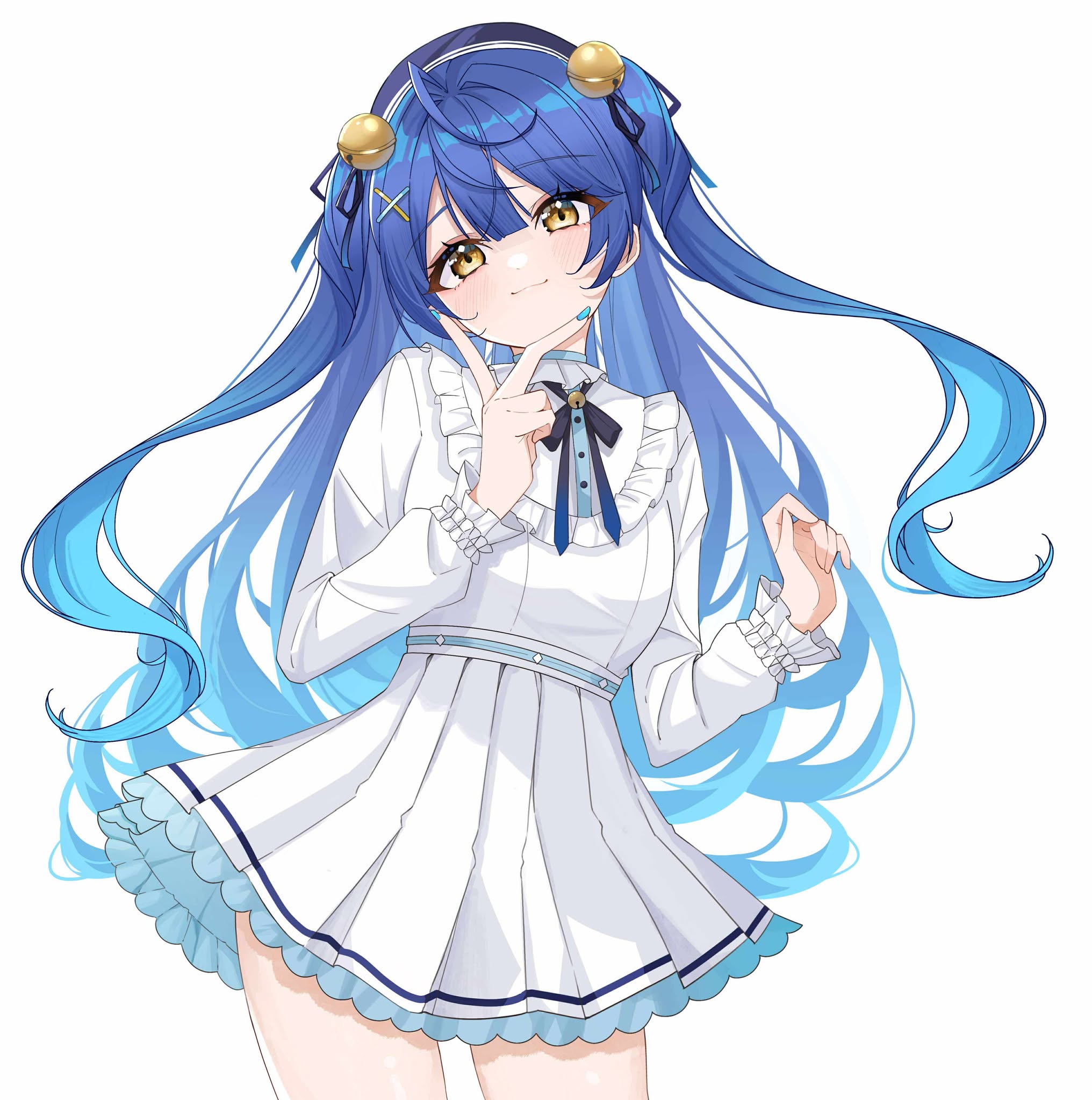 dreamoon, amamiya kokoro, nijisanji, commentary request, highres, 1girl, bell, blue hair, blue nails, fingernails, hair bell, hair ornament, jingle bell, long hair, long sleeves, looking at viewer, nail polish, simple background, skirt, solo, virtual youtuber, white background, white skirt, yellow eyes