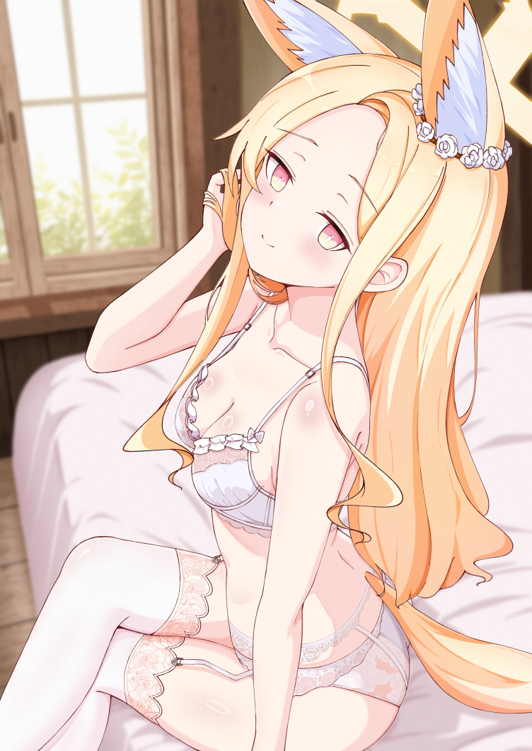 sumikoto, seia (blue archive), blue archive, 1girl, animal ear fluff, animal ears, bare arms, bare shoulders, blonde hair, bra, breasts, cleavage, closed mouth, crossed legs, forehead, fox ears, fox girl, fox tail, garter straps, halo, hand in own hair, long hair, panties, pink eyes, sidelocks, sitting, smile, solo, tail, thighhighs, underwear, underwear only, white bra, white garter straps, white panties, white thighhighs, yellow halo