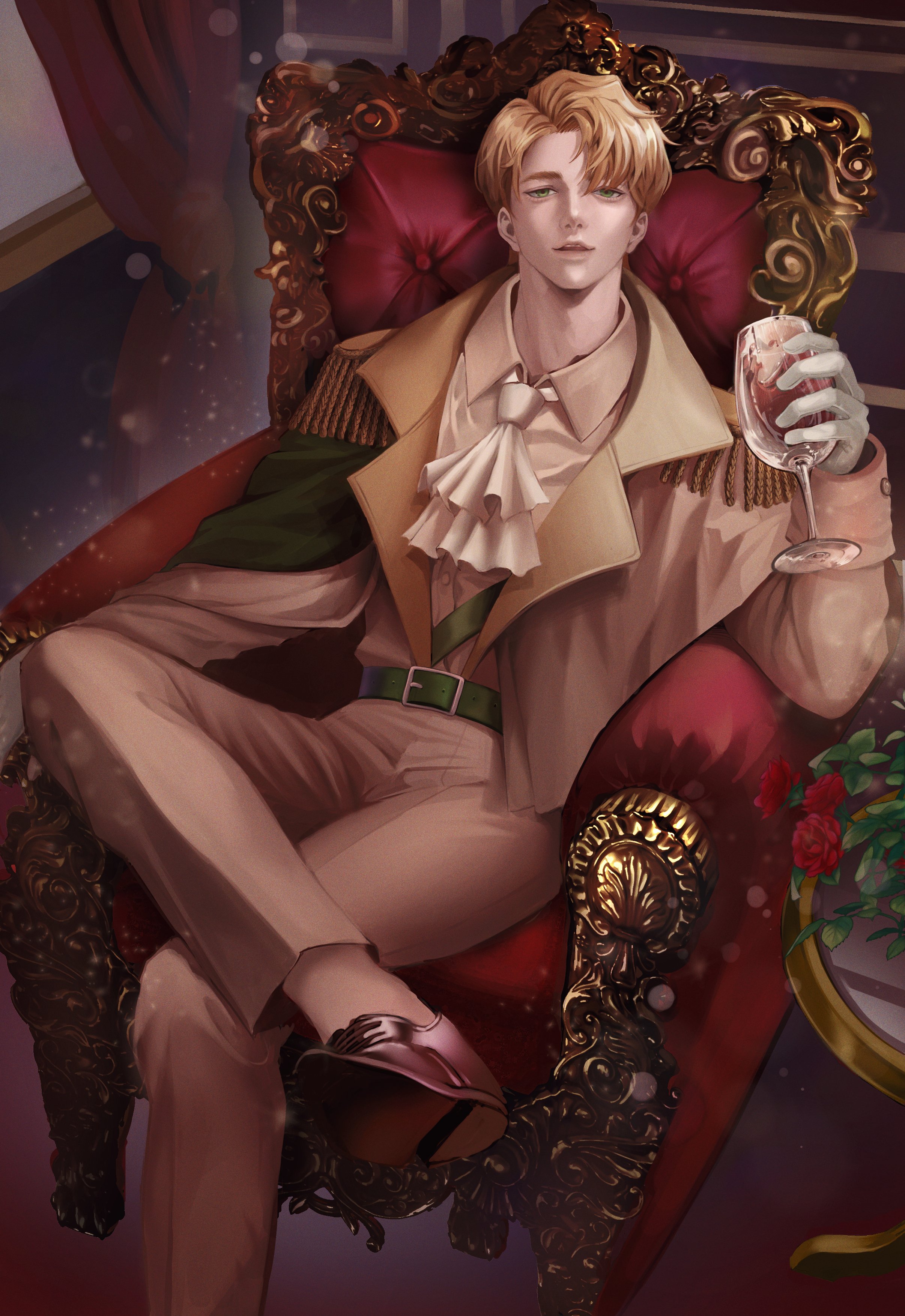 cookie run, cookie run: kingdom, absurdres, highres, 1boy, belt, blonde hair, chalice, clotted cream cookie, collared shirt, crossed legs, cup, epaulettes, foot out of frame, frills, from above, gloves, green eyes, holding, holding cup, indoors, jacket, kiring xox, looking at viewer, male focus, personification, shirt, short hair, sitting, smile, solo, table, throne, white gloves, yellow jacket, yellow shirt