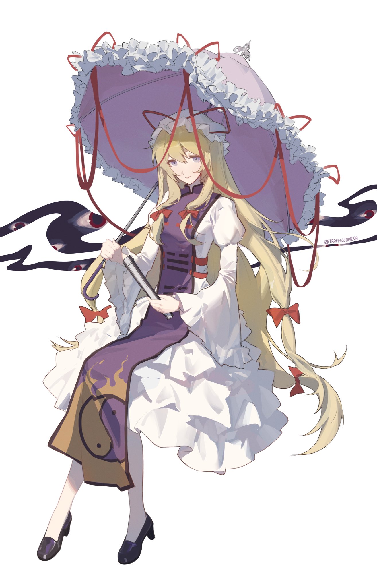 capybara (trafficcone09), yakumo yukari, touhou, highres, 1girl, blonde hair, dress, frills, hat, long hair, parasol, purple eyes, ribbon, sitting, smile, solo, umbrella