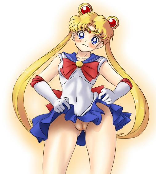 utilizator, sailor moon, tsukino usagi, bishoujo senshi sailor moon, tagme, 1990s (style), blonde hair, blue eyes, blush, cleft of venus, clothes lift, gloves, no panties, pussy, retro artstyle, skirt, skirt lift, uncensored