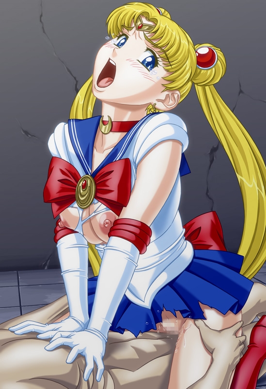 apple pie (artist), sailor moon, tsukino usagi, bishoujo senshi sailor moon, 1990s (style), 1girl, 2boys, blonde hair, blue eyes, blush, breasts, censored, choker, circlet, cowgirl position, elbow gloves, gloves, head out of frame, hetero, multiple boys, rape, retro artstyle, sailor senshi uniform, sex, straddling, tears, torn clothes, vaginal