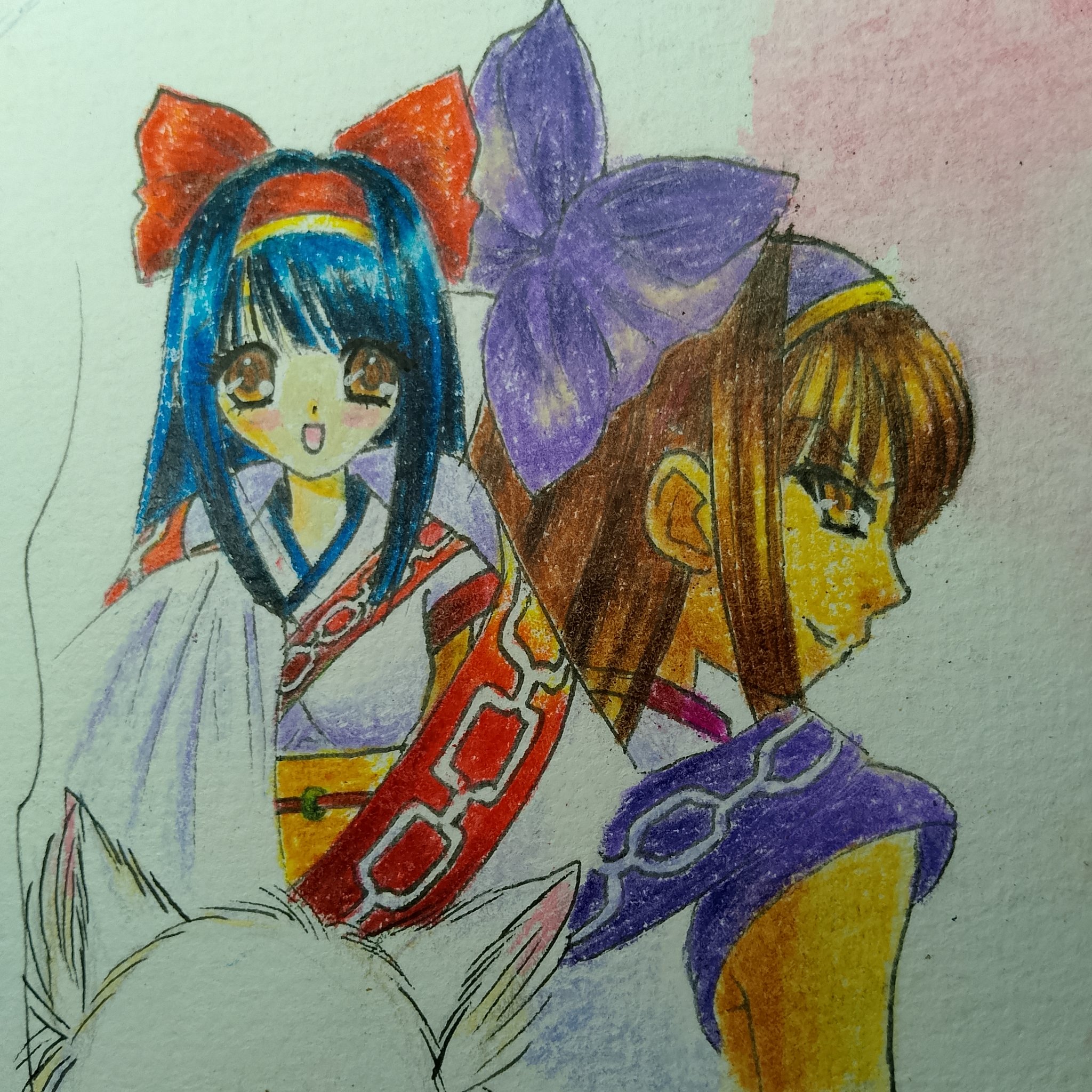 murasaki nakoruru, nakoruru, samurai spirits, snk, highres, traditional media, 2girls, ainu clothes, blue hair, breasts, brown eyes, brown hair, cloak, dark skin, dual persona, hair ribbon, long hair, looking at viewer, looking back, medium breasts, multiple girls, parted lips, ribbon, smile, teeth