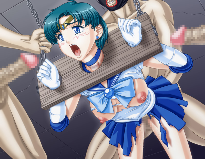 apple pie (artist), mizuno ami, sailor mercury, bishoujo senshi sailor moon, 1990s (style), 1girl, 3boys, bdsm, bent over, blue eyes, blue hair, blush, bondage, bound, bound wrists, breast cutout, breasts, censored, choker, ear piercing, female focus, gang rape, gloves, head out of frame, hetero, indoors, mosaic censoring, multiple boys, nipples, no bra, open mouth, penis, piercing, pillory, rape, retro artstyle, sex, sex from behind, short hair, standing, stocks, tears, teeth, torn clothes, upper teeth only, vaginal