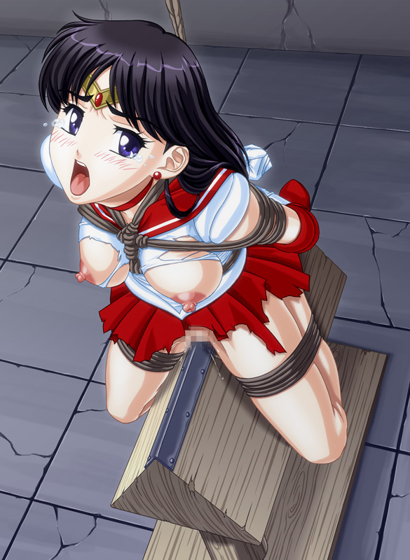 apple pie (artist), hino rei, sailor mars, bishoujo senshi sailor moon, no underwear, 1990s (style), 1girl, arms behind back, bdsm, black hair, blush, bondage, bound, bound arms, bound legs, breast cutout, censored, choker, circlet, ear piercing, frogtie, indoors, jelwery, long hair, mosaic censoring, nipples, no bra, no panties, open mouth, piercing, purple eyes, pussy, pussy juice, retro artstyle, tears, teeth, tiara, torn clothes, torture, upper teeth only, wooden horse