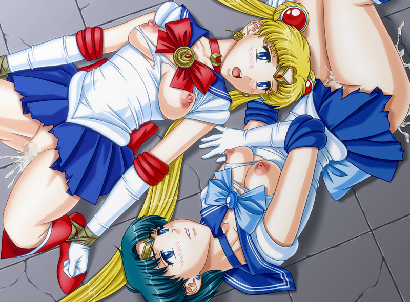 apple pie (artist), mizuno ami, sailor mercury, sailor moon, tsukino usagi, bishoujo senshi sailor moon, tagme, 1990s (style), 2girls, aftersex, blonde hair, blue eyes, blue hair, blush, breasts, censored, gloves, multiple girls, rape, torn clothes, white gloves