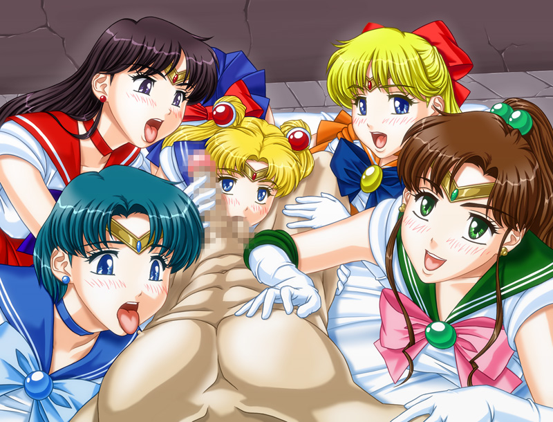 apple pie (artist), aino minako, hino rei, kino makoto, mizuno ami, sailor jupiter, sailor mars, sailor mercury, sailor moon, sailor venus, tsukino usagi, bishoujo senshi sailor moon, 1990s (style), 1boy, 5girls, blonde hair, blue eyes, blue hair, blush, brown hair, censored, fellatio, gloves, green eyes, group sex, handjob, magical girl, multiple girls, oral, penis, pov, retro artstyle, white gloves