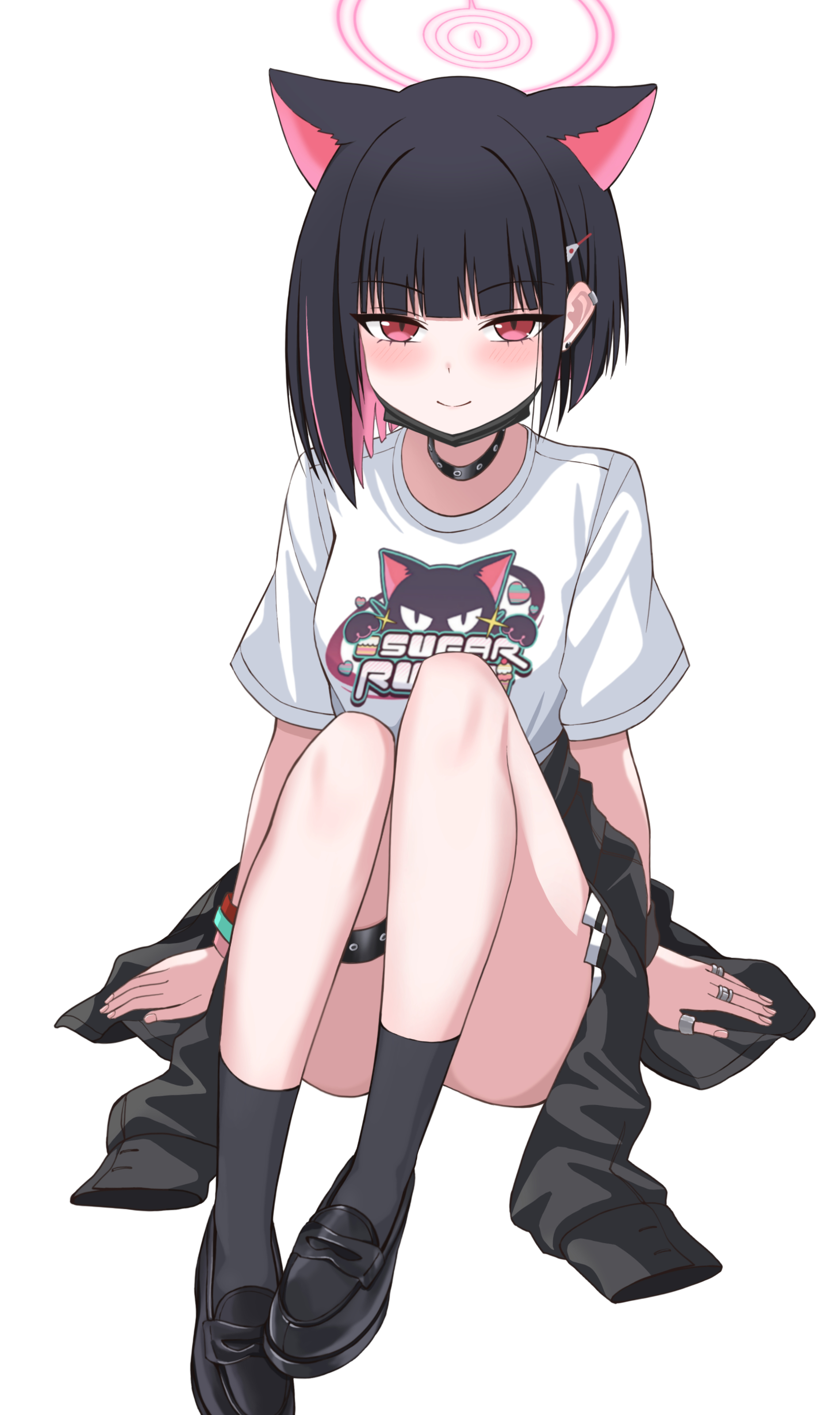 onsen (asnrtnbrsiku), kazusa (band) (blue archive), kazusa (blue archive), blue archive, absurdres, highres, 1girl, animal print, black choker, black hair, black jacket, black mask, black shoes, black socks, blush, cat print, choker, closed mouth, clothes around waist, colored inner hair, earclip, earrings, extra ears, halo, jacket, jacket around waist, jewelry, looking at viewer, mask, mouth mask, multicolored hair, multiple rings, official alternate costume, pink hair, pink halo, red eyes, ring, shirt, shoes, short sleeves, skirt, smile, socks, solo, stud earrings, t-shirt, thigh strap, two-tone hair, white shirt, white skirt
