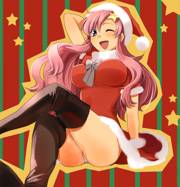 mizuhara aki, meer campbell, gundam, gundam seed, gundam seed destiny, 00s, 1girl, blush, boots, breasts, christmas, crossed legs, dress, female focus, hair ornament, hat, kneehighs, large breasts, long hair, one eye closed, open mouth, panties, pantyshot, pink hair, purple eyes, santa costume, santa hat, sitting, smile, socks, solo, star (symbol), star hair ornament, thigh boots, thighhighs, underwear, white panties, wink