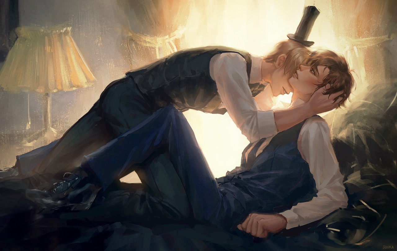 suikamelony, bill cipher, dipper pines, gravity falls, 2boys, aged up, blonde hair, brown hair, hat, lamp, lips, male focus, multiple boys, necktie, nose, painterly, pants, personification, realistic, shirt, shoes, short hair, top hat, vest, yaoi
