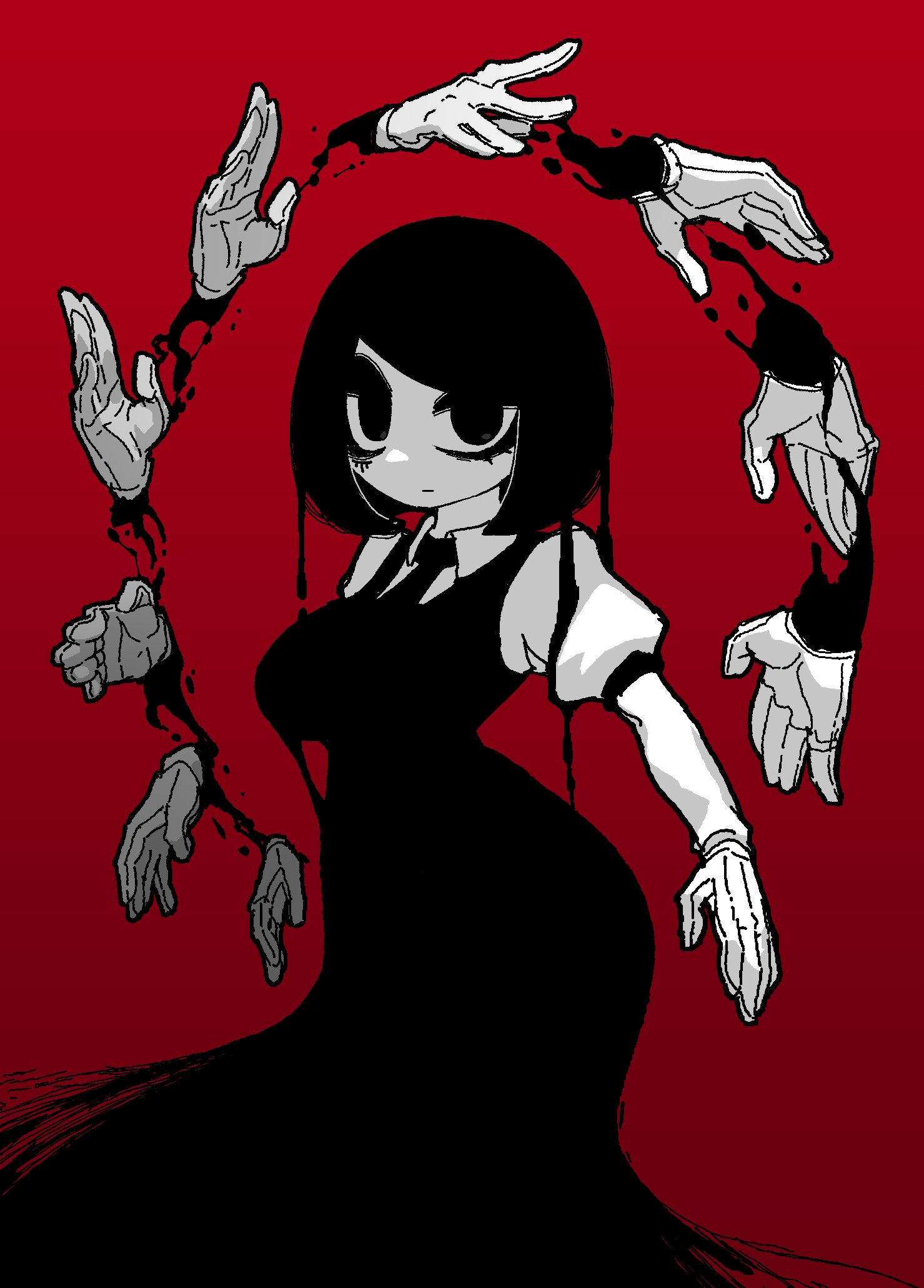 saku ram, original, highres, 1girl, closed mouth, collared shirt, disembodied hand, dress, dripping, gloves, greyscale with colored background, long dress, looking at viewer, magic, monochrome, pinafore dress, puffy short sleeves, puffy sleeves, red background, shirt, short sleeves, simple background, sleeveless, sleeveless dress, solo