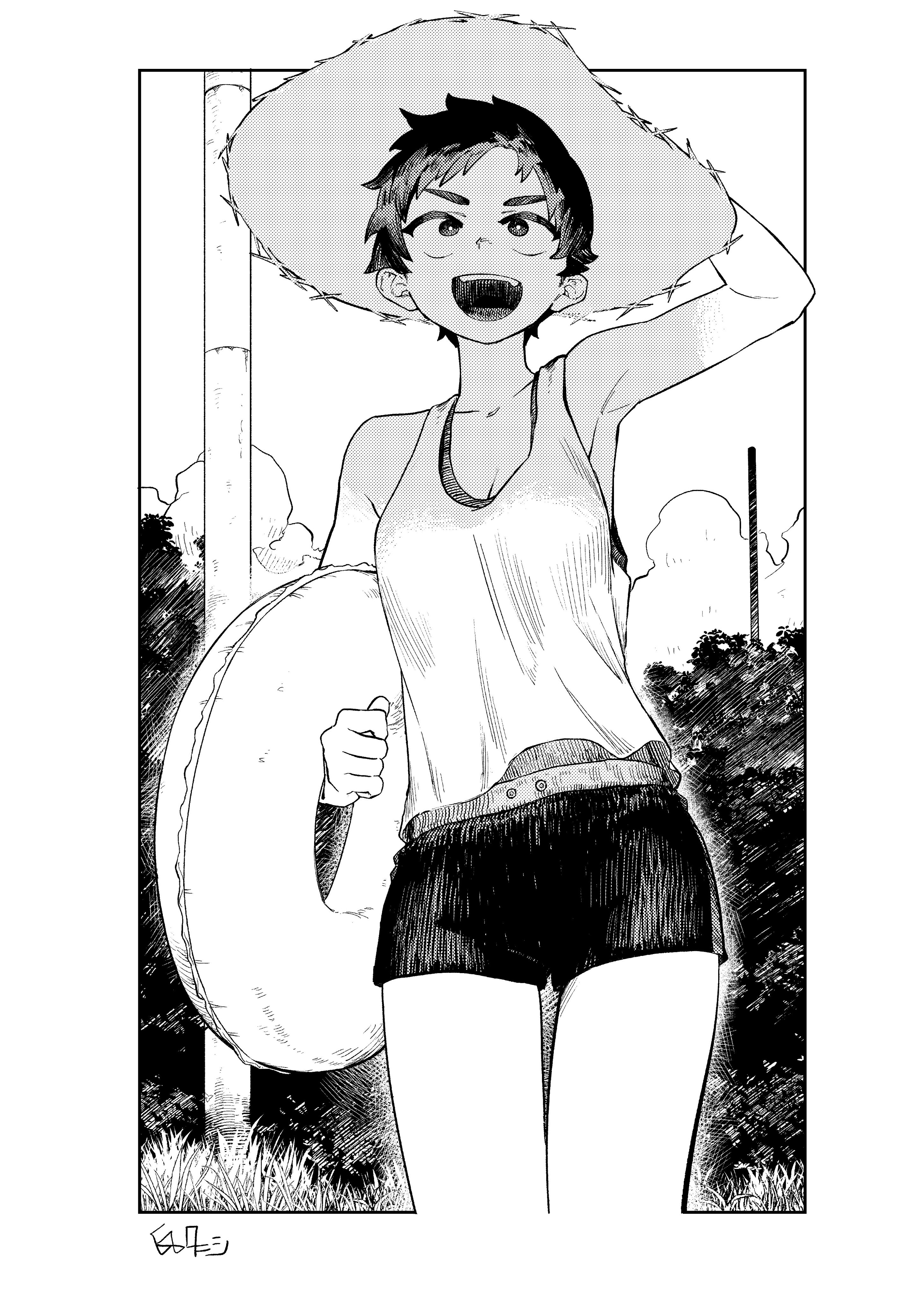 ez tanishi, original, absurdres, highres, 1girl, :d, belt, breasts, cleavage, cloud, crosshatching, grass, greyscale, halftone, hand on headwear, hat, hatching (texture), holding, holding swim ring, innertube, monochrome, open mouth, outdoors, outside border, short hair, short shorts, shorts, smile, solo, sports bra, straw hat, swim ring, tank top, thigh gap, tomboy, utility pole