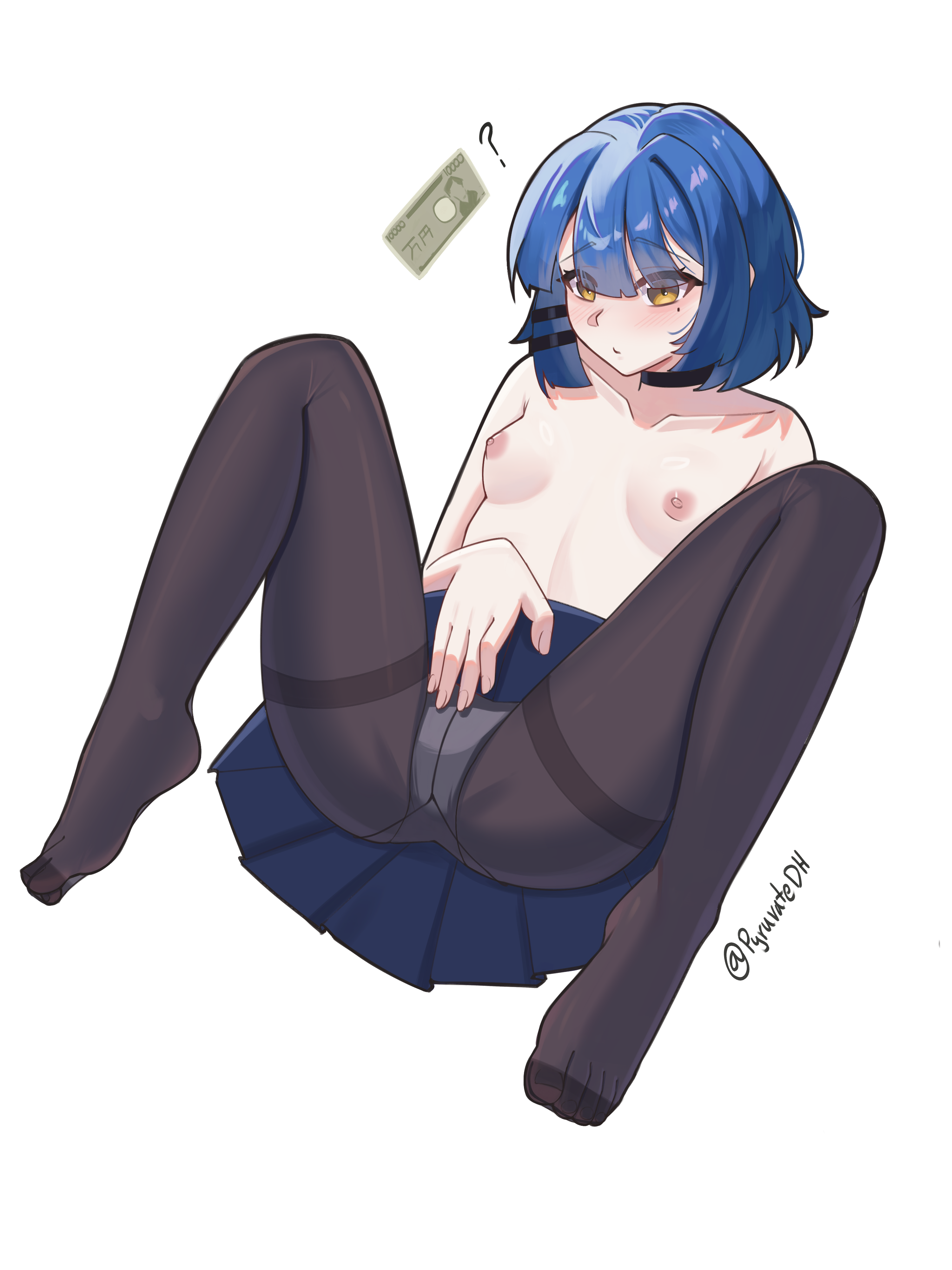 ryyr7242, yamada ryo, bocchi the rock!, absurdres, commentary, highres, 1girl, ?, banknote, black choker, black pantyhose, blue hair, blue skirt, blush, choker, hair ornament, hairclip, mole, mole under eye, money, nipples, no shoes, panties, panties under pantyhose, pantyhose, parallel hairclips, pleated skirt, short hair, simple background, skirt, smile, solo, underwear, white background, yellow eyes