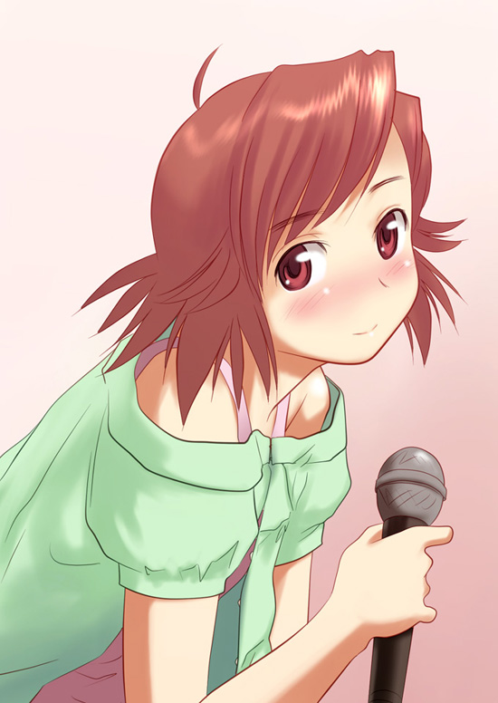 sakaki imasato, aoba tsugumi, kannagi, 00s, bare shoulders, blush, microphone, solo