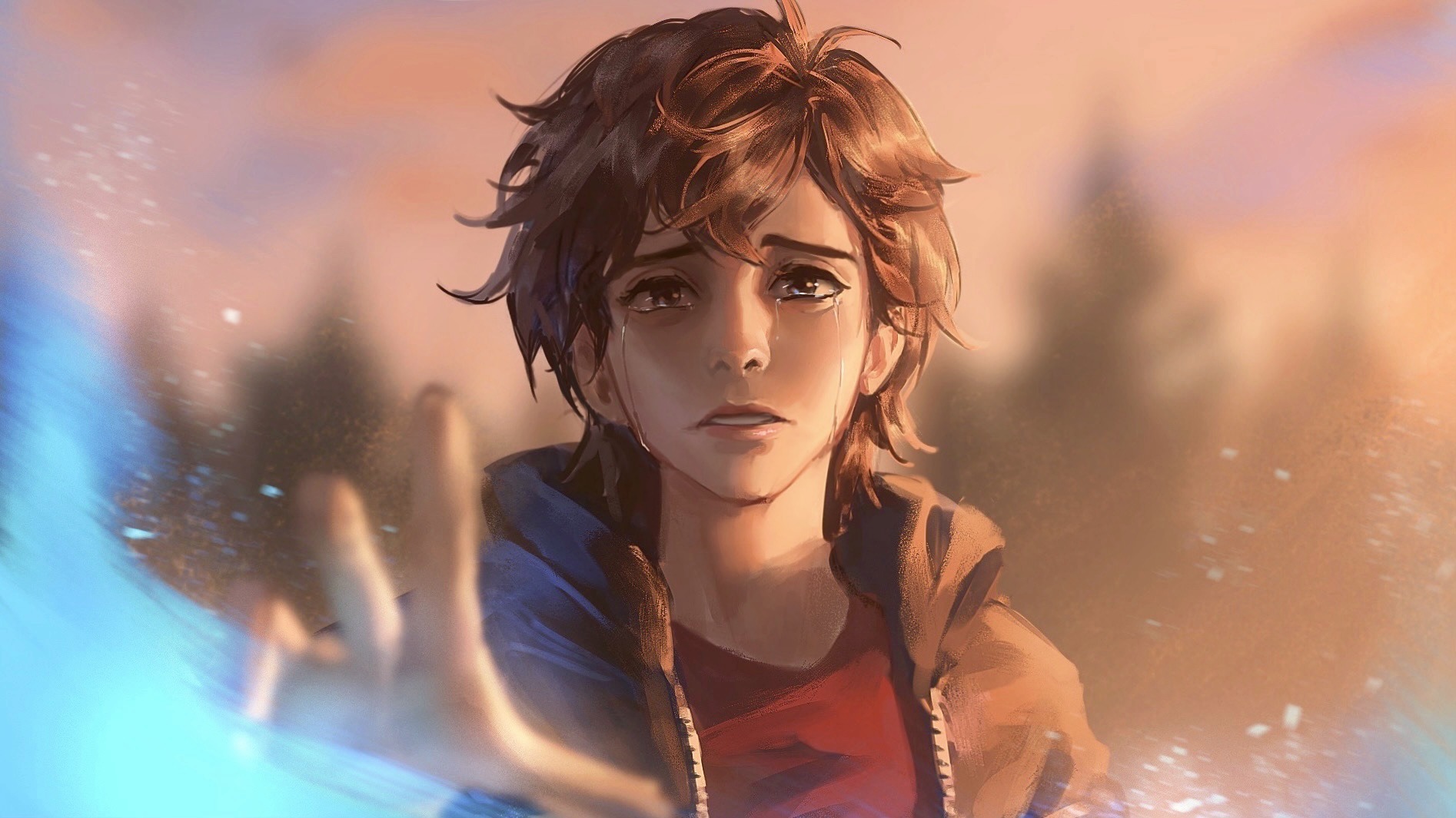 suikamelony, dipper pines, gravity falls, highres, 1boy, black hoodie, brown hair, crying, crying with eyes open, hood, hoodie, lips, male focus, nose, painterly, realistic, red shirt, shirt, short hair, solo, tears