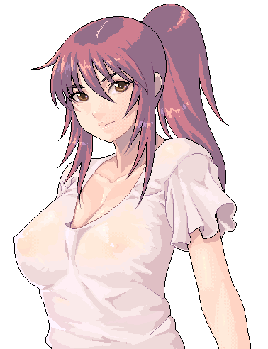 yuzuriha (active homing), asagiri junko, sunabouzu, bad id, bad pixiv id, lowres, 1girl, breasts, brown eyes, cleavage, collarbone, covered erect nipples, dithering, female focus, large breasts, long hair, nipples, no bra, oekaki, pixel art, ponytail, purple hair, red hair, see-through clothes, simple background, smile, solo, upper body, yellow eyes