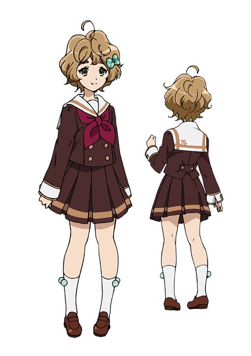 kawashima sapphire, hibike! euphonium, official art, second-party source, 1girl, ankle socks, arms at sides, bow, brown eyes, brown hair, brown serafuku, brown shirt, brown skirt, closed mouth, full body, hair bow, hair ornament, hand up, kitauji high school uniform, loafers, long sleeves, looking at viewer, multiple views, neckerchief, pleated skirt, red neckerchief, sailor collar, school uniform, serafuku, shirt, shoes, short hair, simple background, skirt, smile, socks, standing, tachi-e, transparent background, turnaround, white sailor collar, white socks