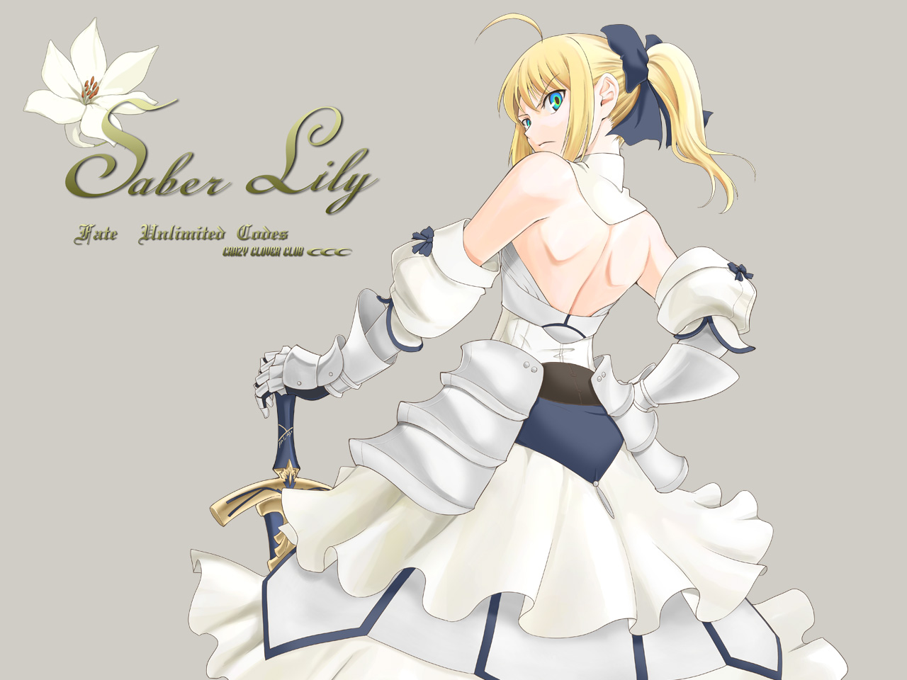 shirotsumekusa, artoria pendragon (fate), saber (fate), saber lily, capcom, fate/stay night, fate/unlimited codes, fate (series), 00s, 1girl, armor, armored dress, back, dress, female focus, flower, lily (flower), looking back, solo, sword, weapon