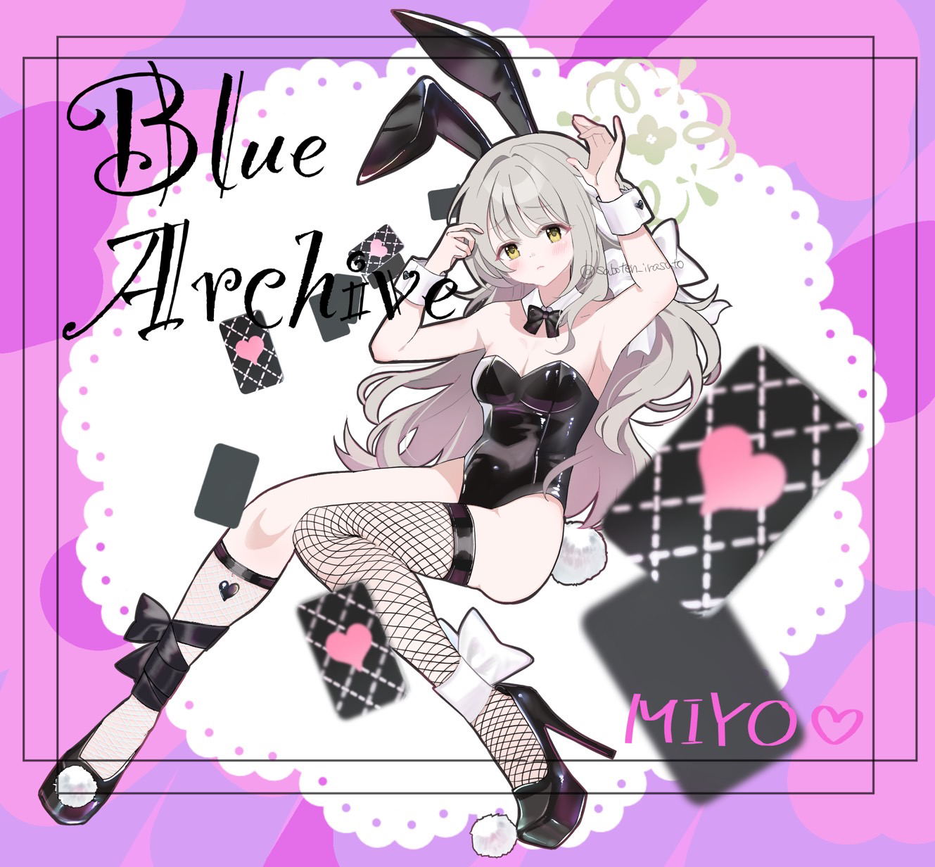 sabotenirasuto, miyo (blue archive), blue archive, highres, 1girl, alternate costume, animal ear hairband, animal ears, armpits, bare arms, bare shoulders, black bow, black bowtie, black hairband, black leotard, black shoes, blush, bow, bowtie, closed mouth, detached collar, fake animal ears, fake tail, fishnet thighhighs, fishnets, green eyes, green halo, hairband, halo, high heels, highleg, highleg leotard, leotard, long hair, looking at viewer, playboy bunny, rabbit ear hairband, rabbit ears, rabbit tail, shoes, sidelocks, single thighhigh, solo, tail, thighhighs, wrist cuffs