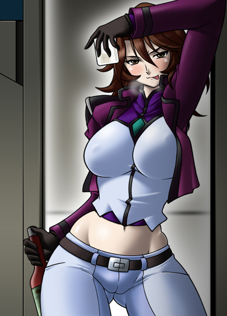 harada shoutarou, sumeragi lee noriega, gundam, gundam 00, 00s, 1girl, :p, blush, bottle, breasts, brown eyes, brown hair, contrapposto, covered erect nipples, curvy, female focus, glass, gloves, large breasts, midriff, naughty face, navel, skin tight, solo, spandex, standing, tongue, tongue out