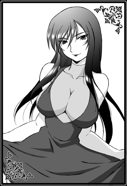 harada shoutarou, tieria erde, gundam, gundam 00, gender request, 00s, 1girl, breasts, cleavage, female focus, genderswap, greyscale, large breasts, long hair, monochrome, solo, standing